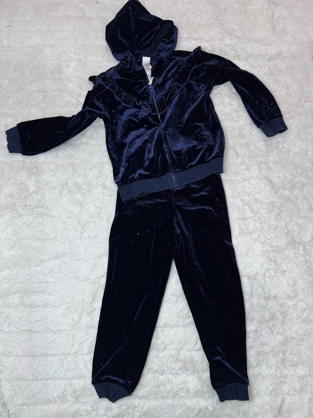 Kids Navy Velour Hooded Jacket With Glitter Jogger Set